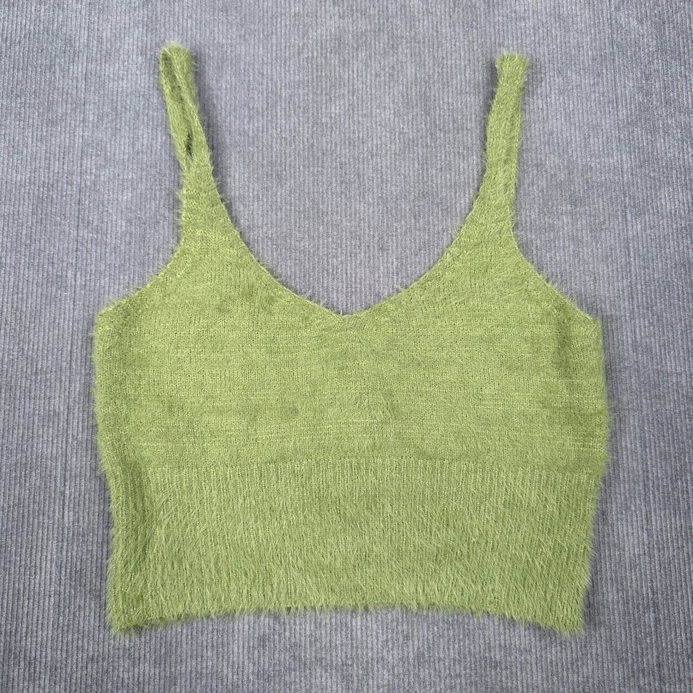 Lime Green Fuzzy Eyelash Knit Cropped Tank Top V-Neck Sleeveless Small Y2k